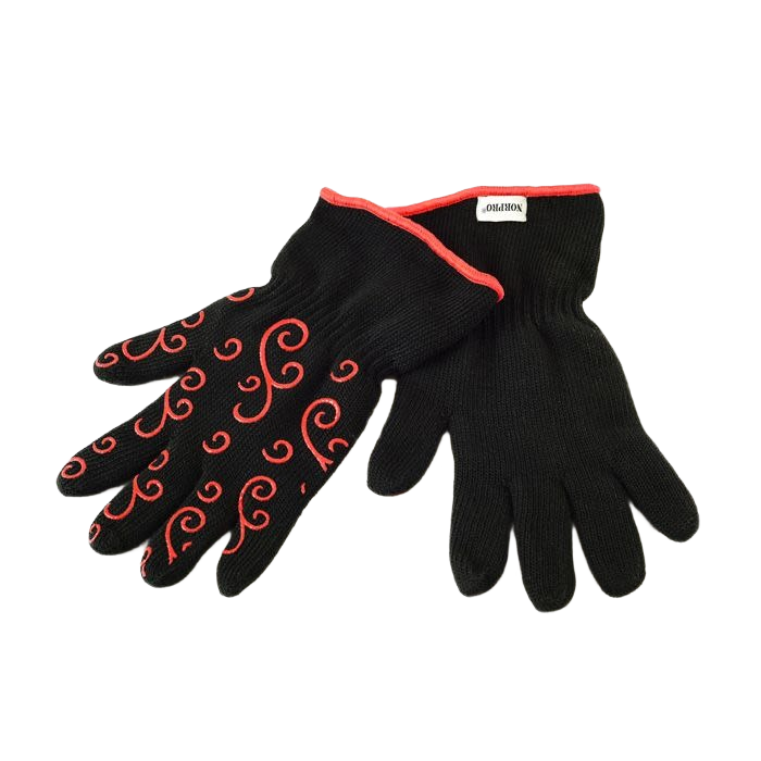 Pair of black heat-resistant oven gloves with red decorative grip pattern, ideal for kitchenware and cooking tasks under $50 collections