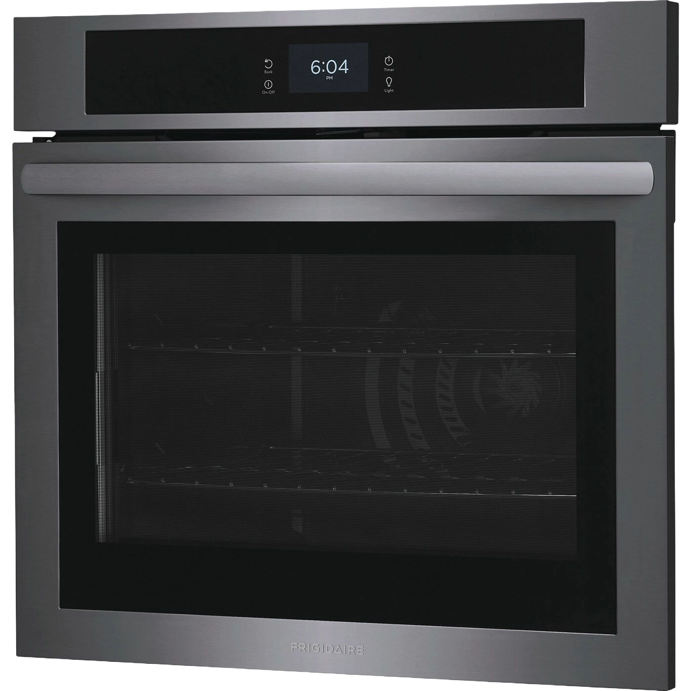 Stainless steel electric wall oven with digital touch control panel and large viewing window from kitchen appliances collection