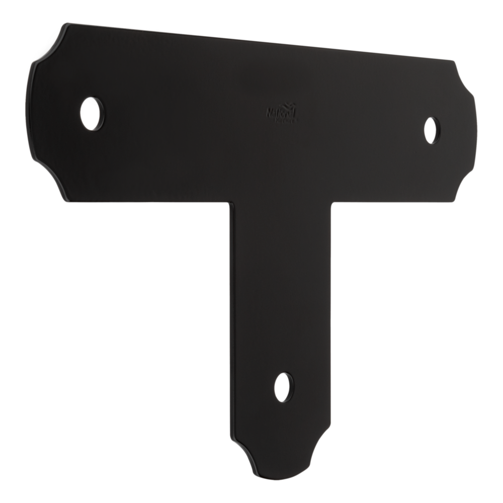 Black powder-coated metal T-strap with pre-drilled holes for lag screws in building hardware and home improvement projects