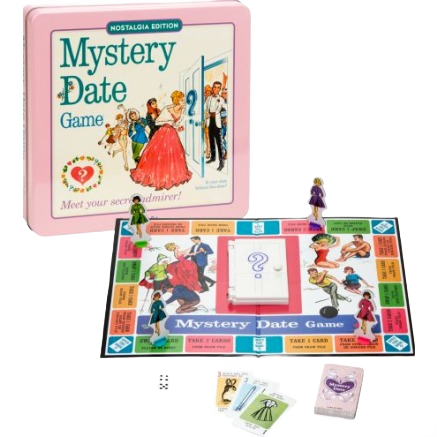Vintage style Mystery Date board game with colorful character pieces and nostalgic tin packaging for kids 8 and up collections