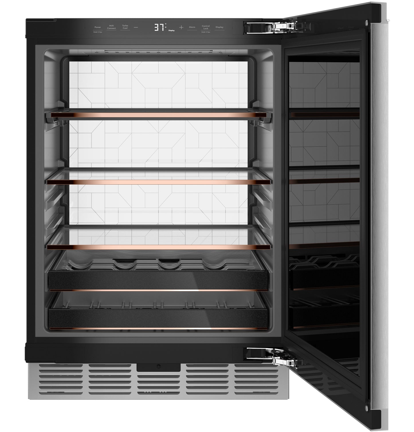 Open CAFÉ™ Beverage Center in platinum glass with wooden shelves and adjustable storage in appliances collection