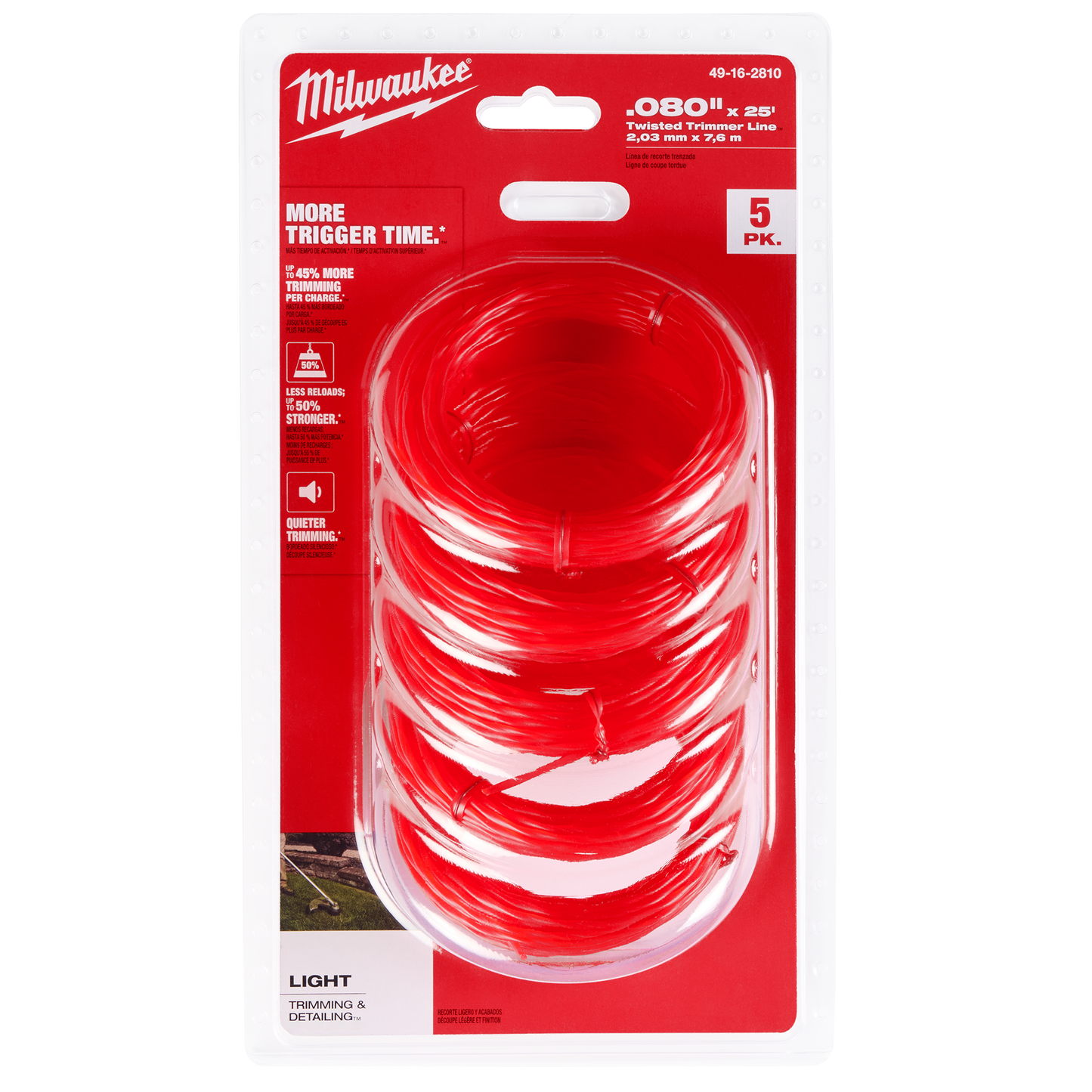 Set of five bright red pre-cut twisted trimmer lines for light trimming and detailing in home improvement tasks