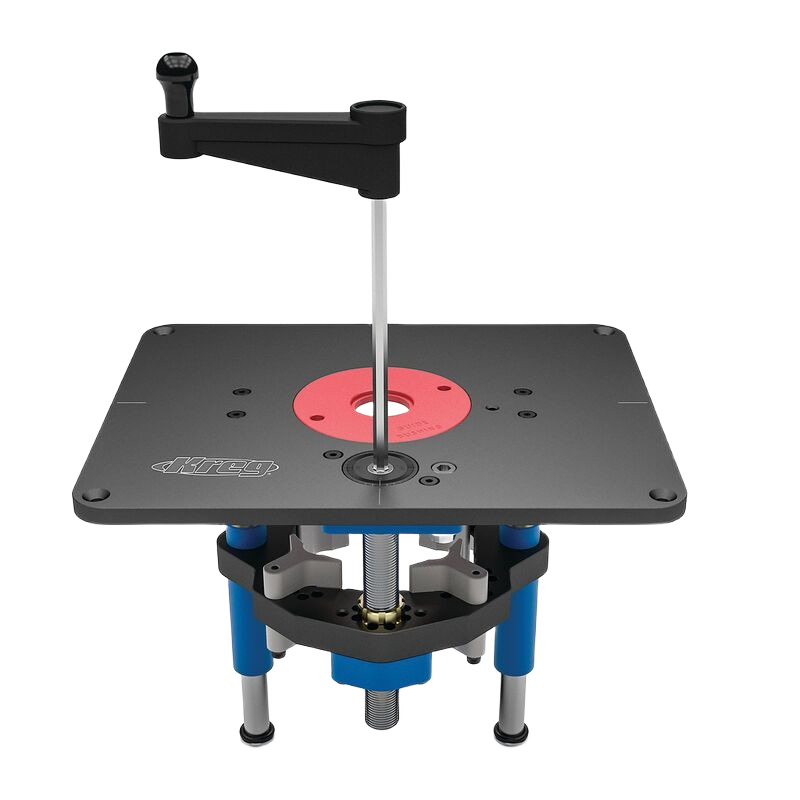 Precision router lift with black top plate and adjustment handle for woodworking tool accessories and home improvement tasks