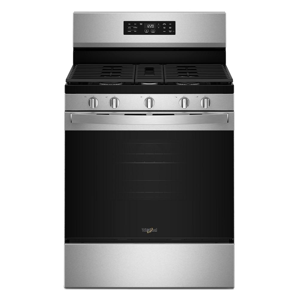 stainless steel 30-inch gas range with five control knobs and digital display in ranges and kitchen appliances collection