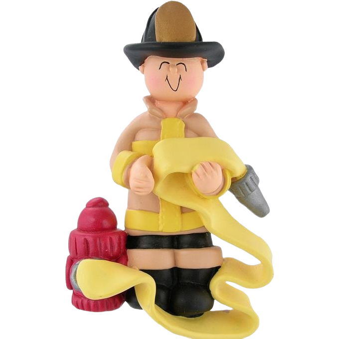 Handcrafted male firefighter figurine holding yellow hose beside red fire hydrant, festive Christmas ornament under $50 decor