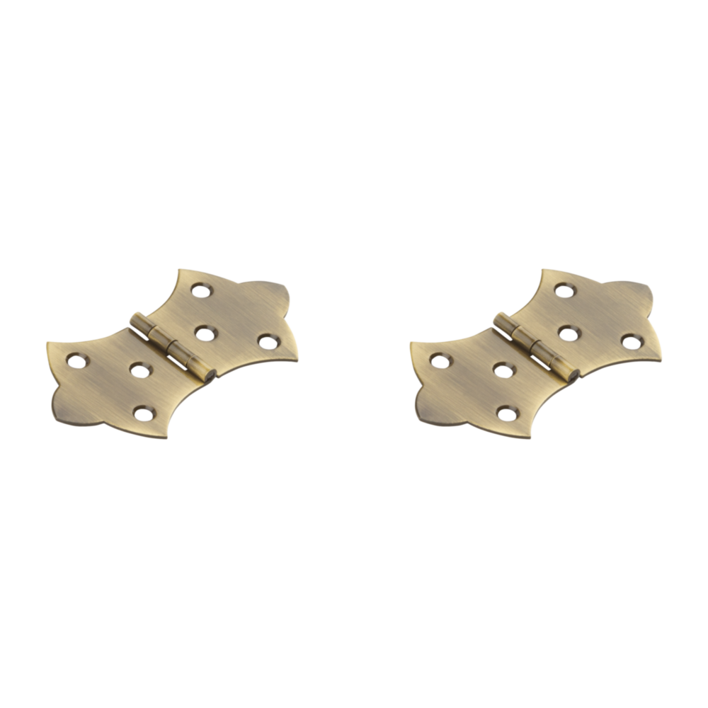 Two decorative antique brass hinges with six screw holes each for small cabinets or furniture hardware under $50 collection