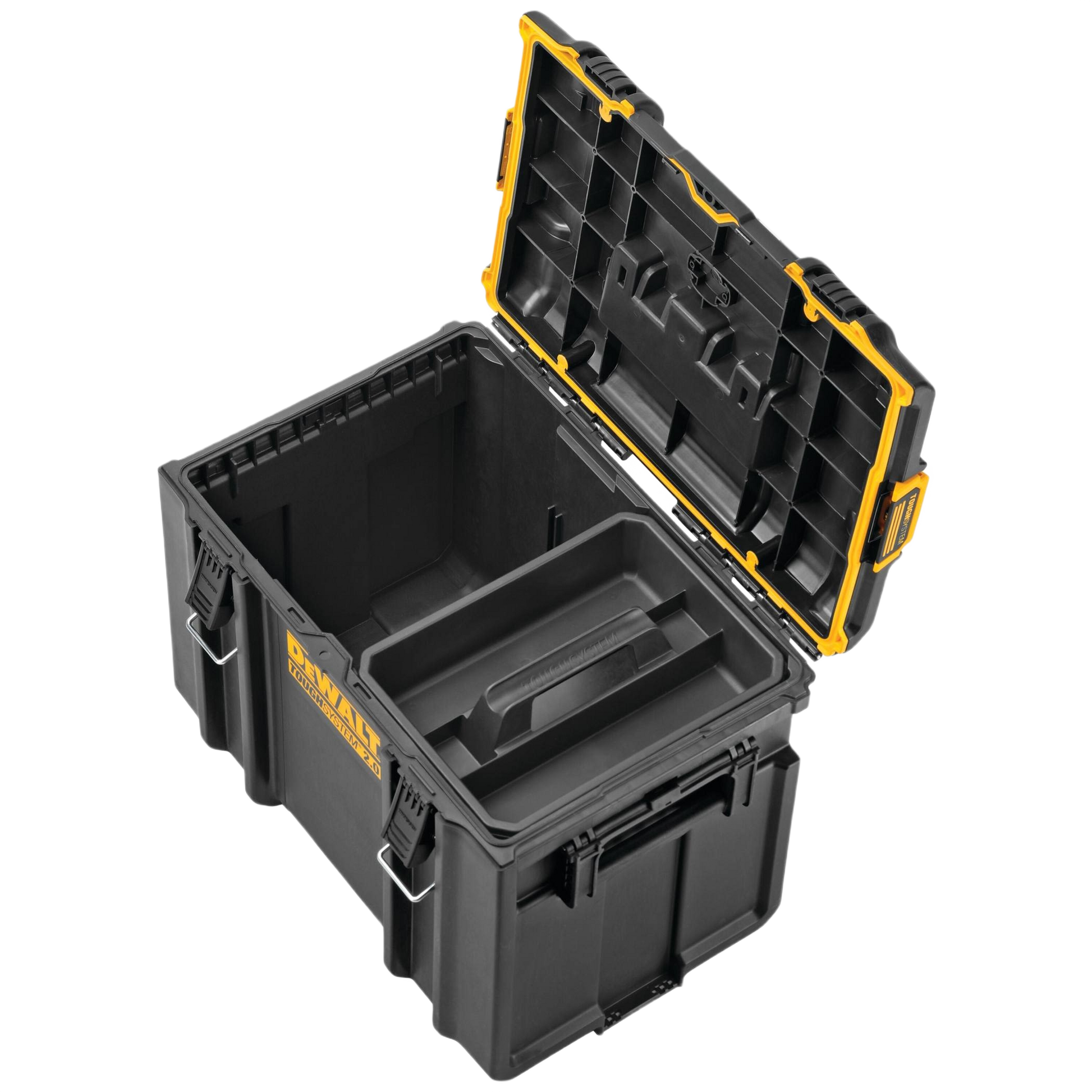 Black and yellow heavy-duty storage chest with removable tray for worksite and workshop tool organization