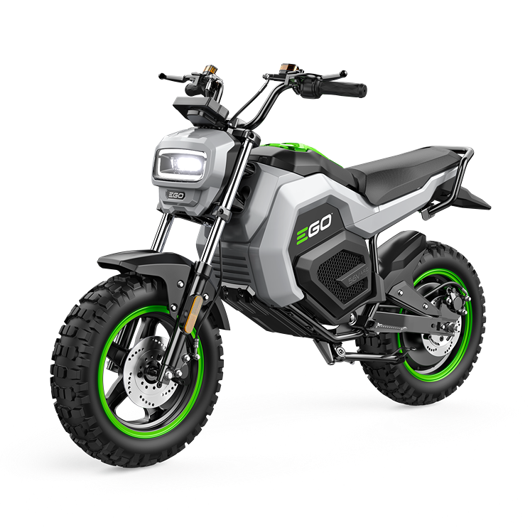 Electric off-road mini bike kit with rugged tires, green accents, and advanced battery power from EGO in home improvement tools collection