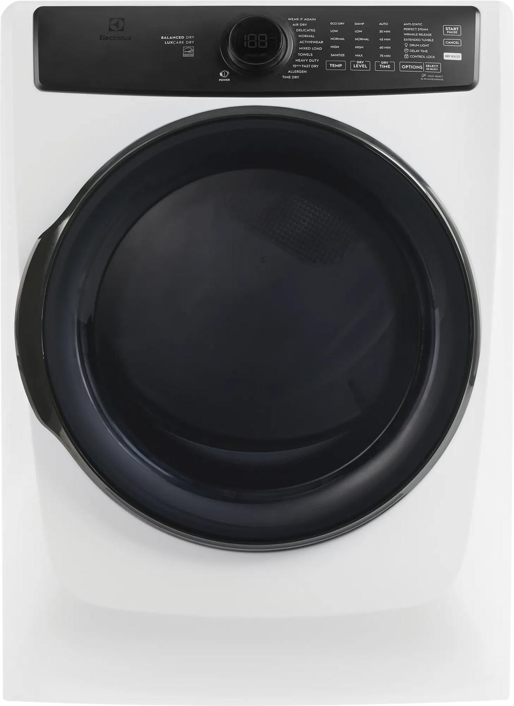 Front load electric dryer in matte white with digital control panel from Dryers and Appliances collections
