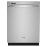 Front view of a stainless steel dishwasher with a sleek handle, part of modern kitchen appliances collection.