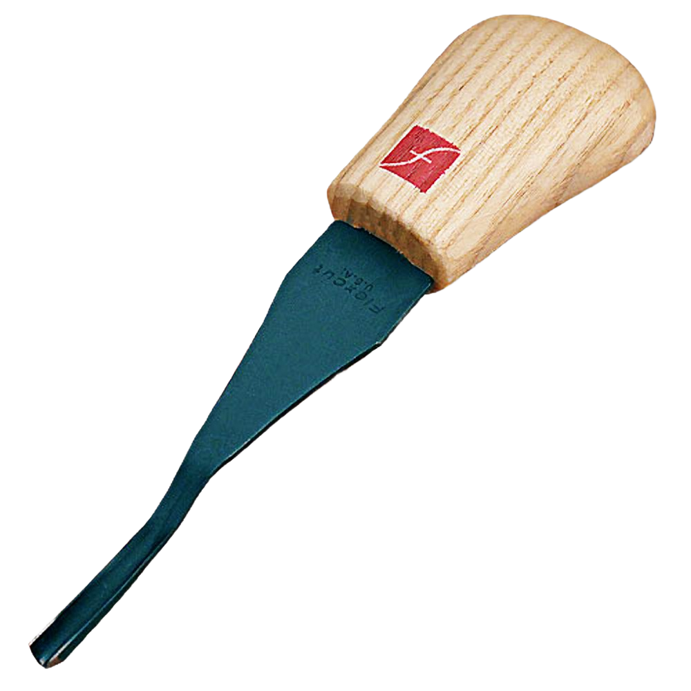 Wood-handled palm sweep carving tool with black metal blade designed for precision woodworking tasks