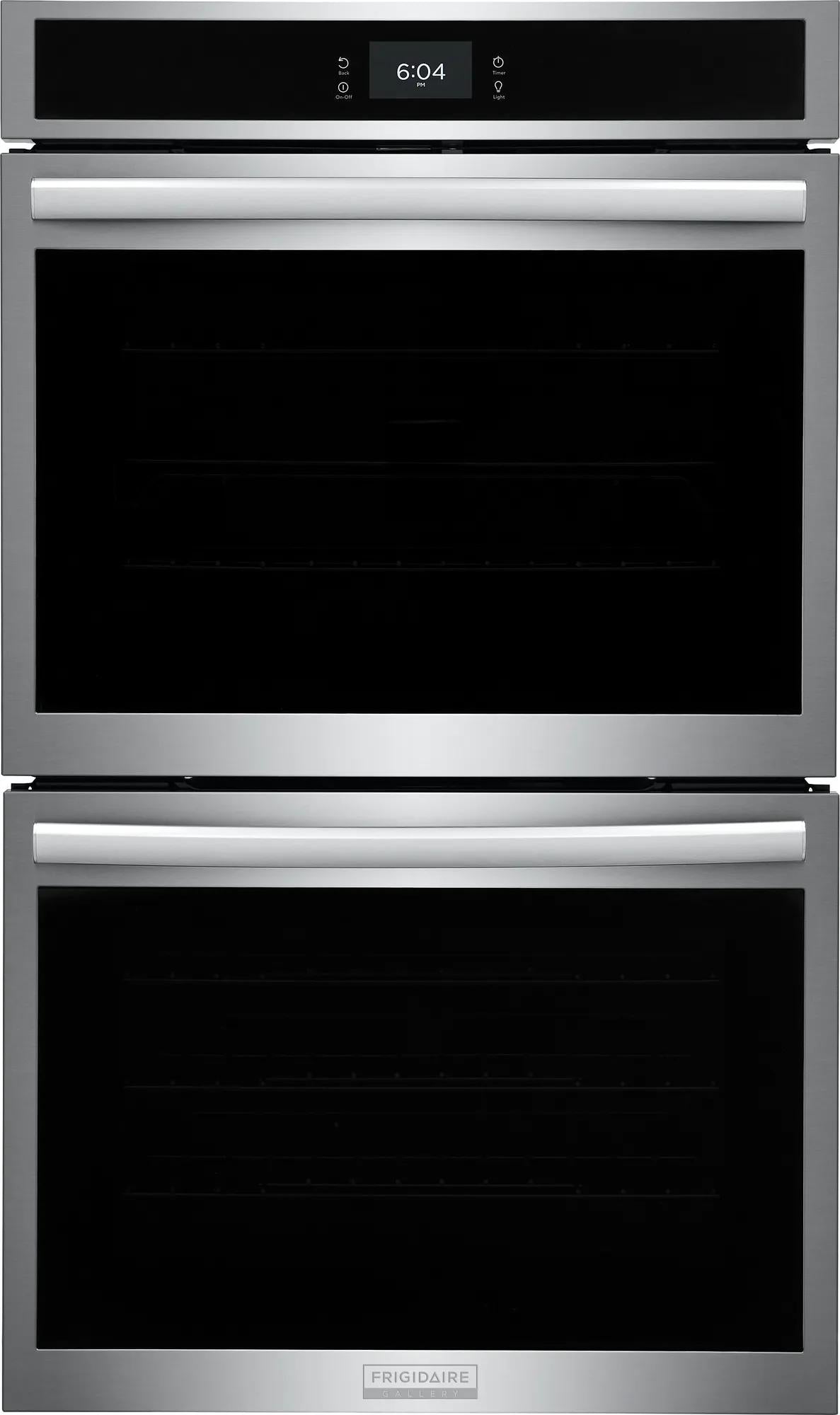30-inch double electric wall oven in stainless steel with digital clock and convection features for kitchen appliances collection