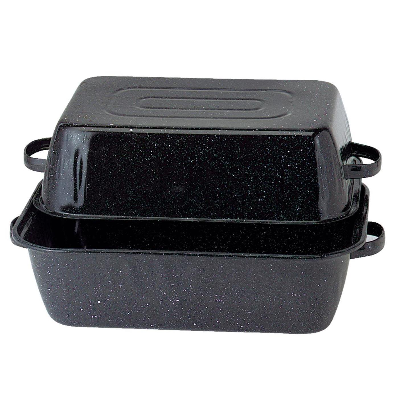Large black speckled graniteware roasting pan with matching lid and side handles for kitchenware and bakeware collections