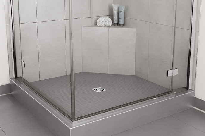 Triangular waterproof shower bench integrated with tile flooring and glass enclosure for home improvement projects