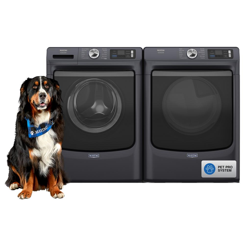 Dark finish front load washer and dryer with control panels and large dog wearing branded bandana beside them