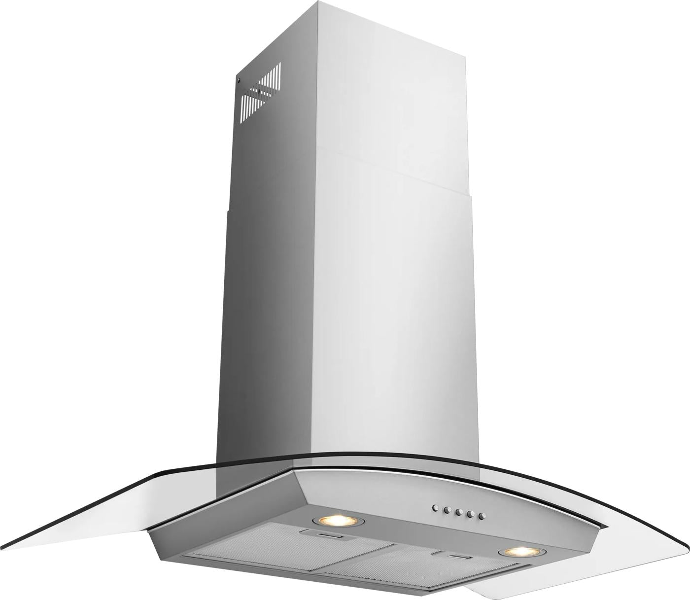 curved glass canopy range hood with stainless steel chimney and button controls in over the range hoods collection