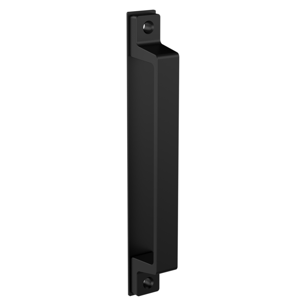 Black modern gate pull with WeatherGuard finish for durable gate hardware and home improvement projects