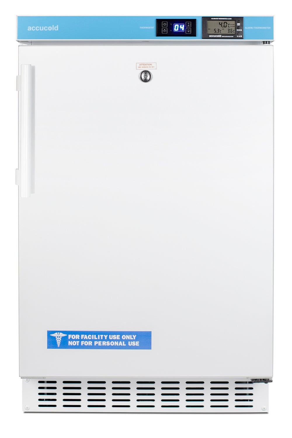 White built-in medical refrigerator with digital display, lock, and ventilation grill from kitchen appliances collection
