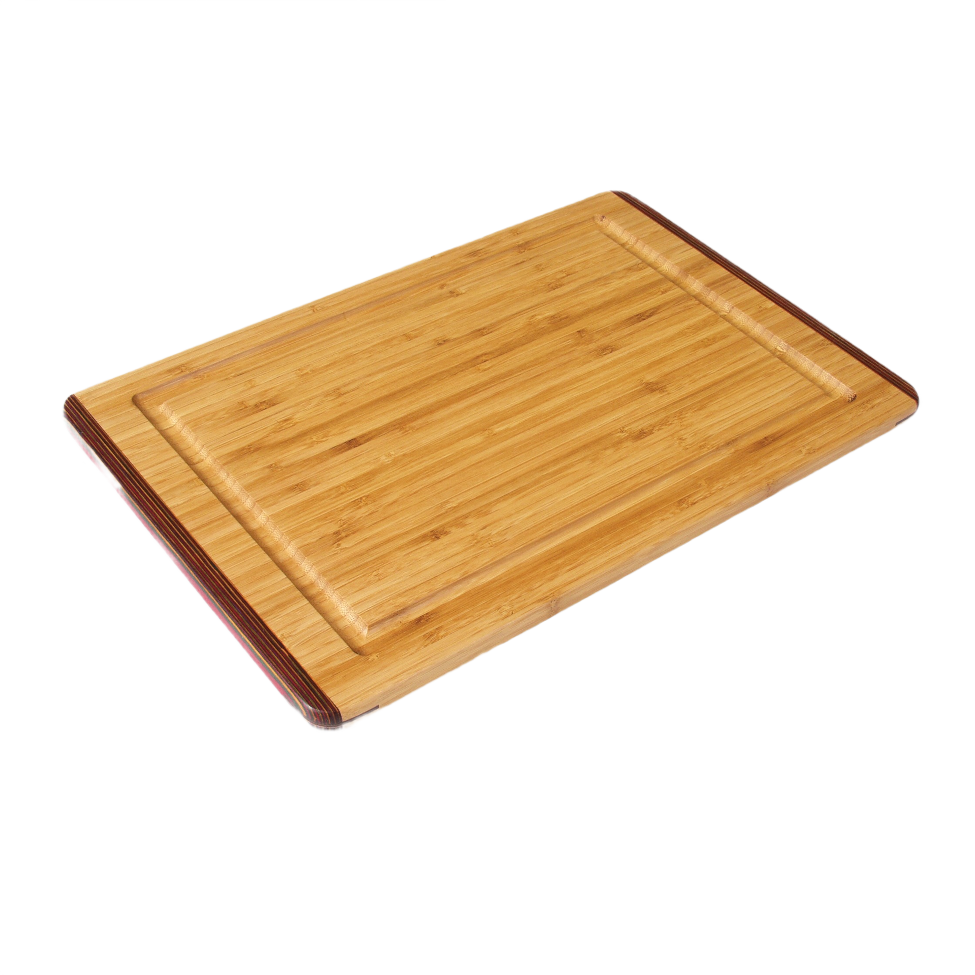 Bamboo carving board with juice groove and rainbow wood accents for kitchen utensils and cooking tools collections