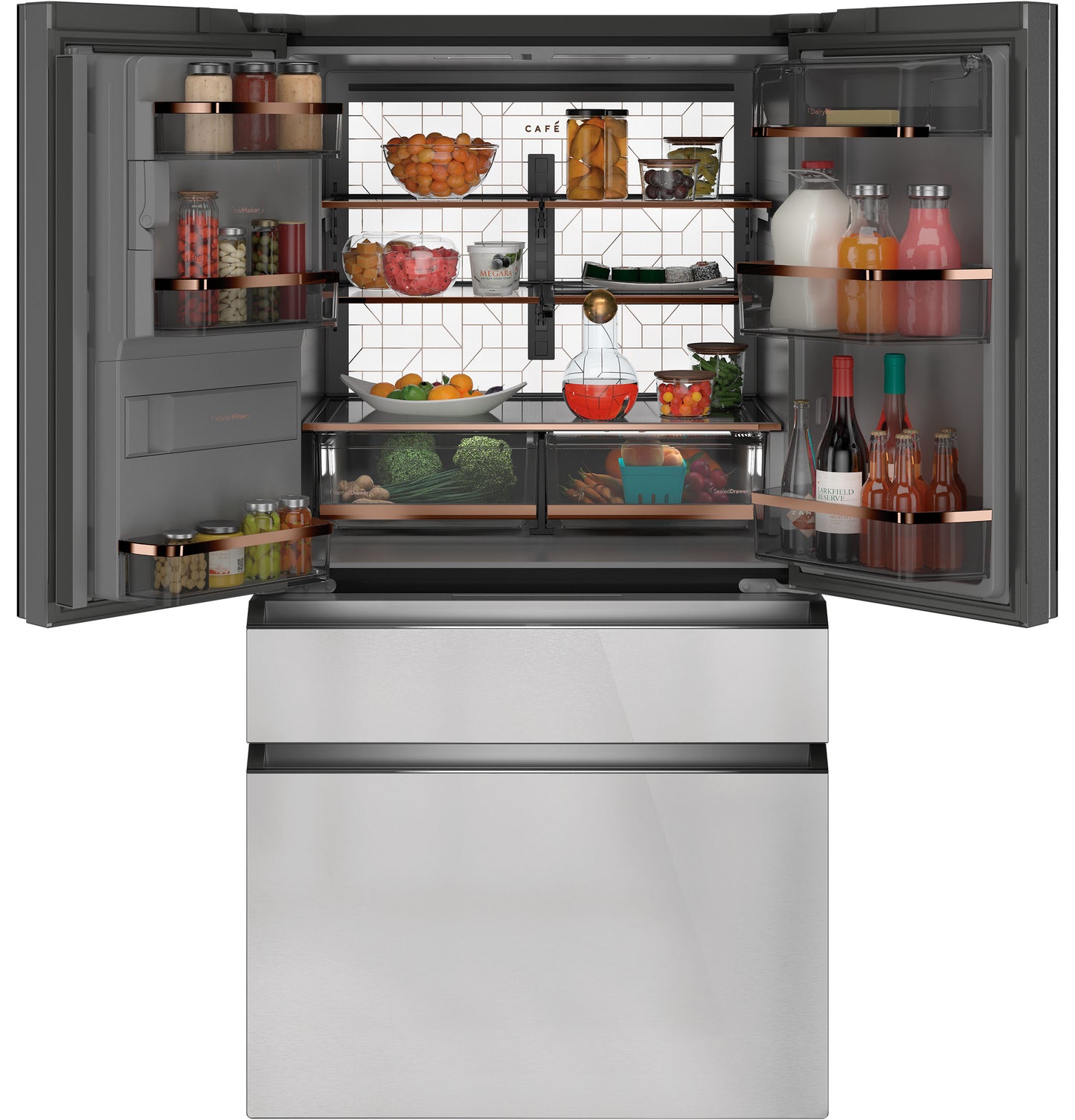 Open platinum glass smart 4-door French-door refrigerator with organized fresh produce and beverages in kitchen appliances collection