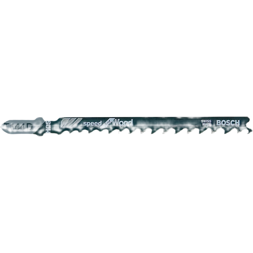 Blue T-shank jigsaw blade marked T144D designed for fast, precise wood cutting in home improvement projects