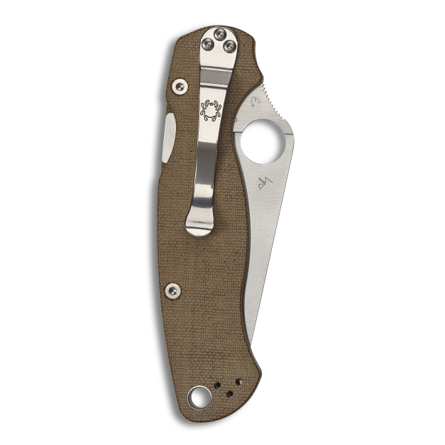 Folding pocket knife with brown micarta handle and partially serrated stainless steel blade for outdoor and home use tools
