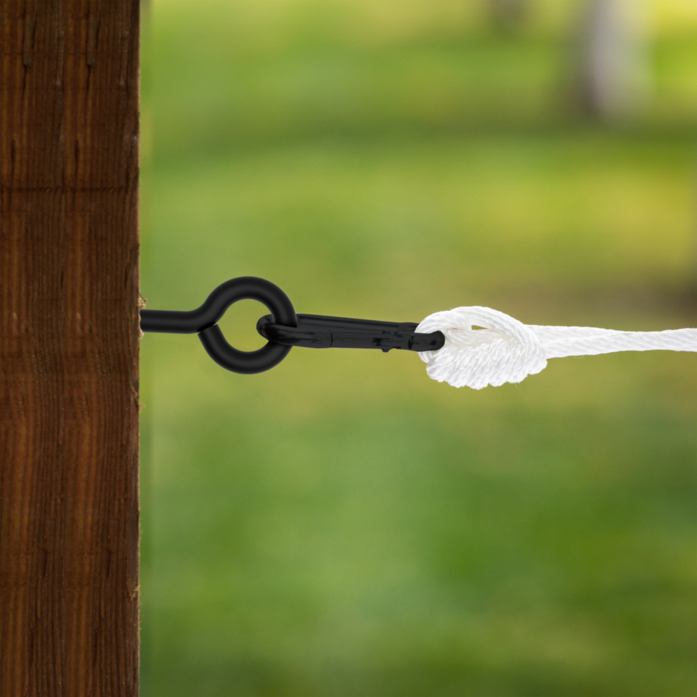 Black Storm Shine screw eye lag with attached carabiner hook and white rope for outdoor fastening in hardware and fasteners collections under $50