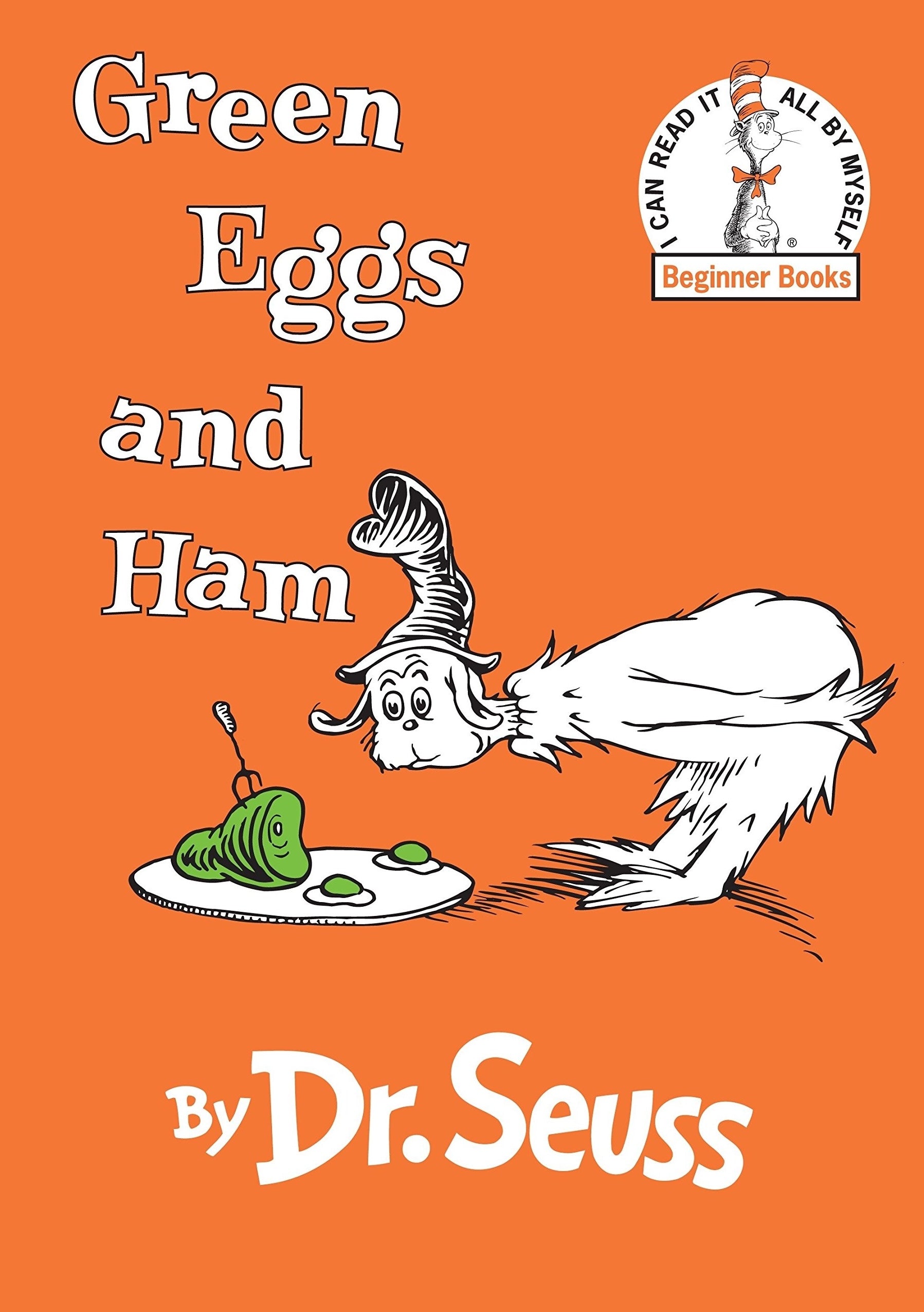 Orange book cover featuring a black-and-white character inspecting green eggs and ham on a plate