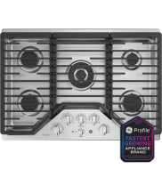 Stainless steel 30-inch built-in gas cooktop with five burners and extra-large integrated griddle for kitchen use