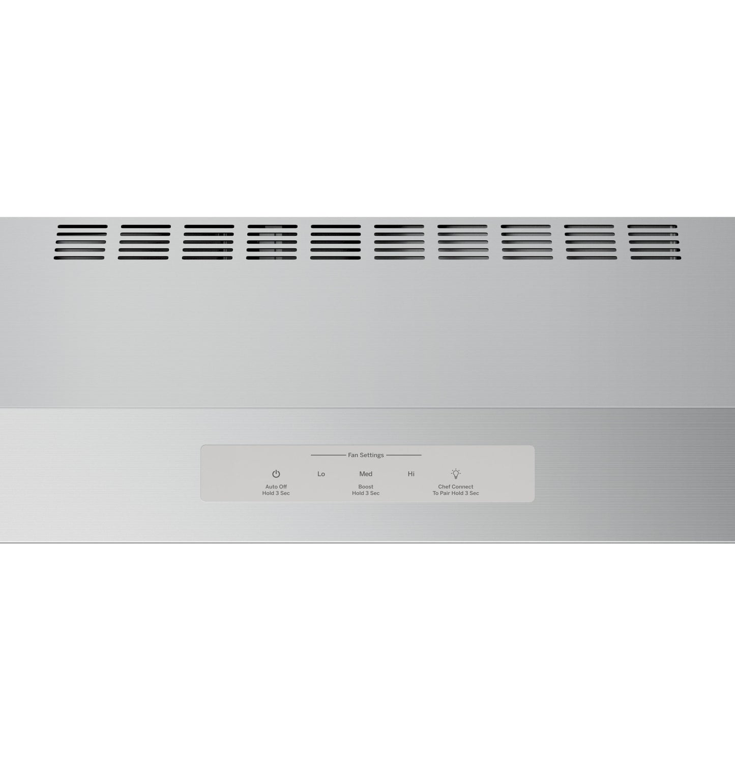 Stainless steel under-cabinet ventilation hood with control panel and air vents in range hoods collection