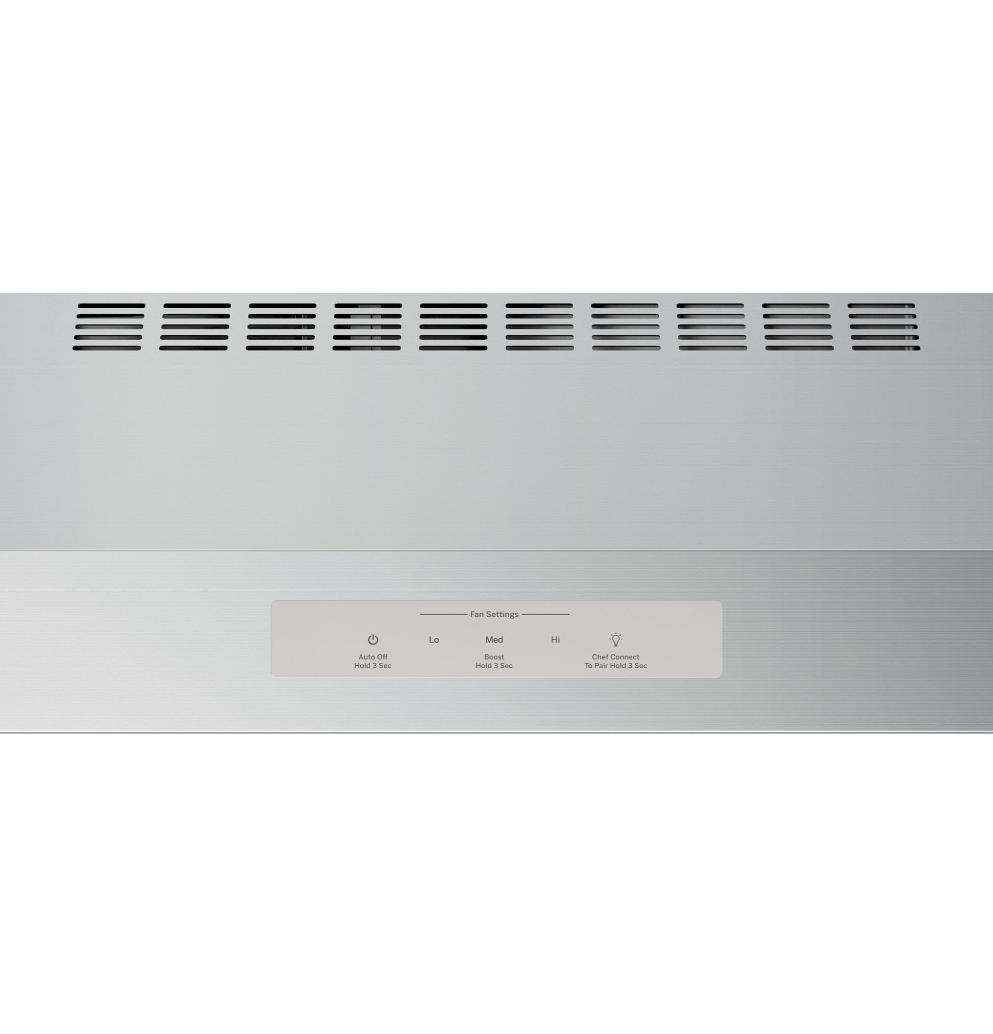 Stainless steel under-cabinet ventilation hood with control panel and air vents in range hoods collection