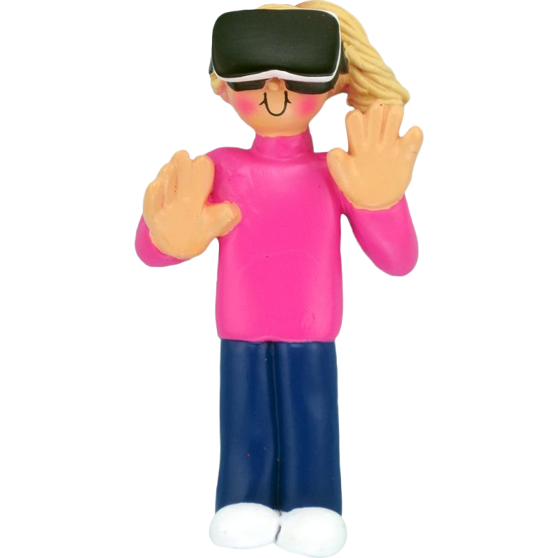 Figurine of blonde female wearing virtual reality headset in pink top and blue pants holiday ornament under $50 collection