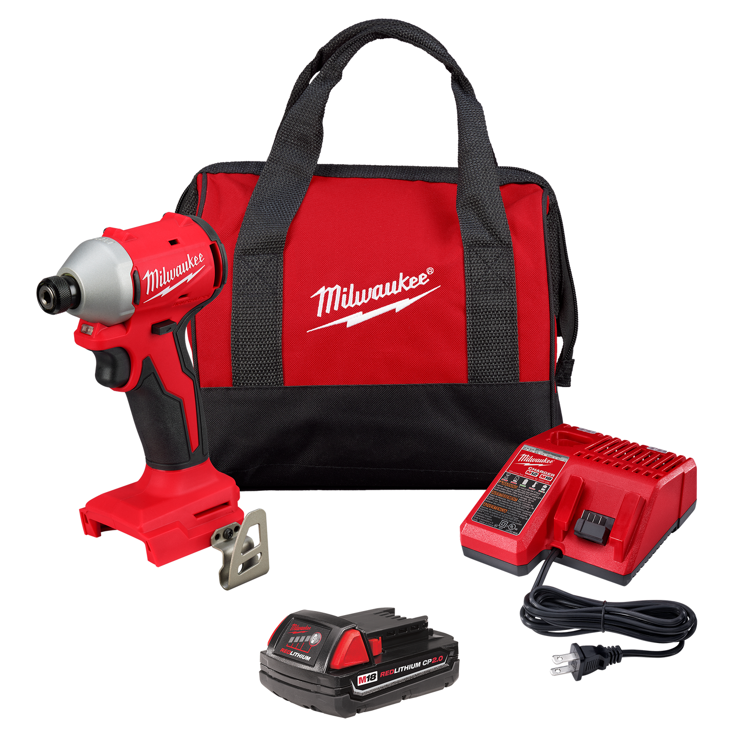 Red and black compact brushless impact driver with battery, charger, and branded carrying bag from Milwaukee Power Tools collection