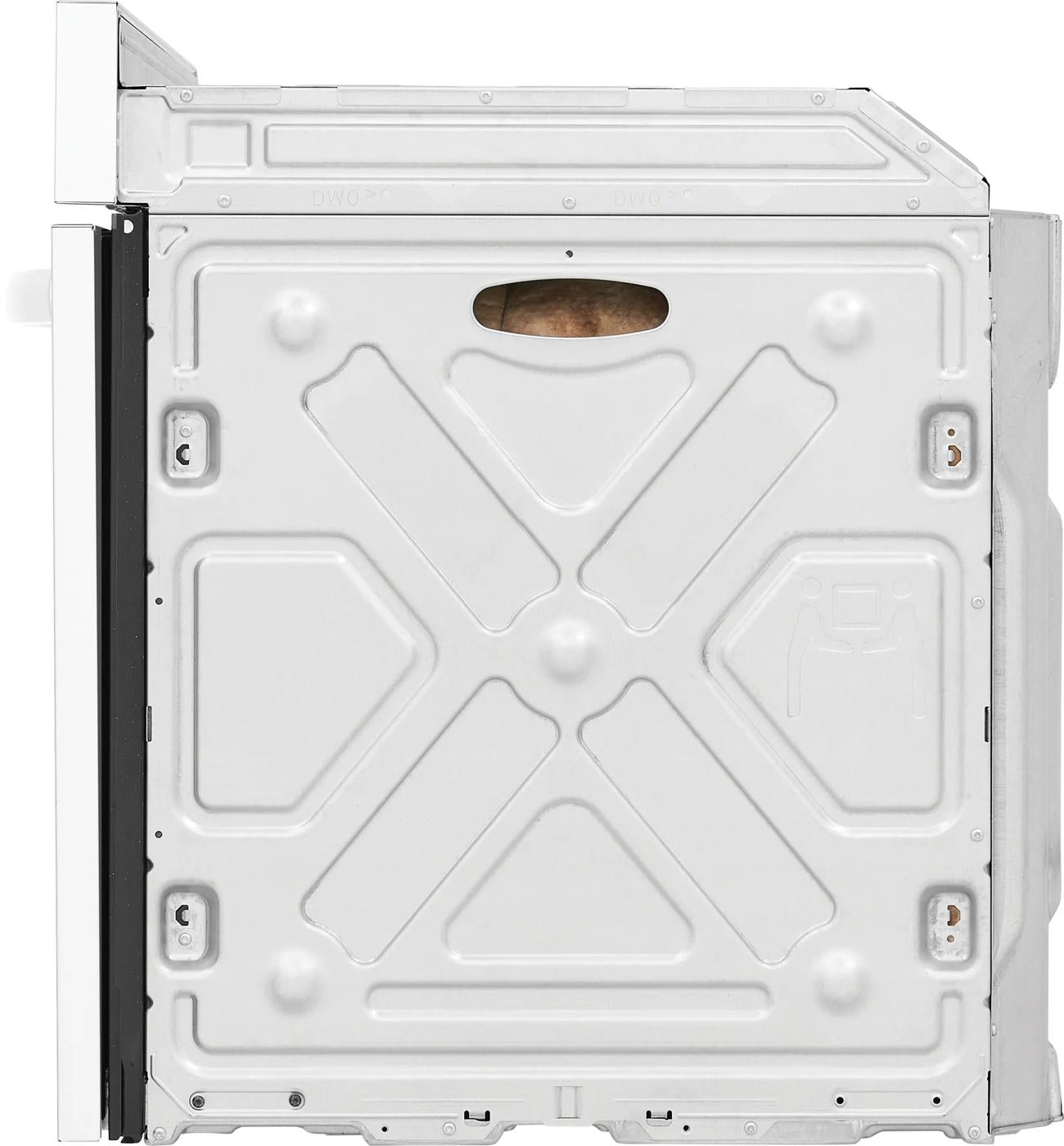 Side view of white metal casing for a 30-inch electric wall oven from kitchen appliances collection