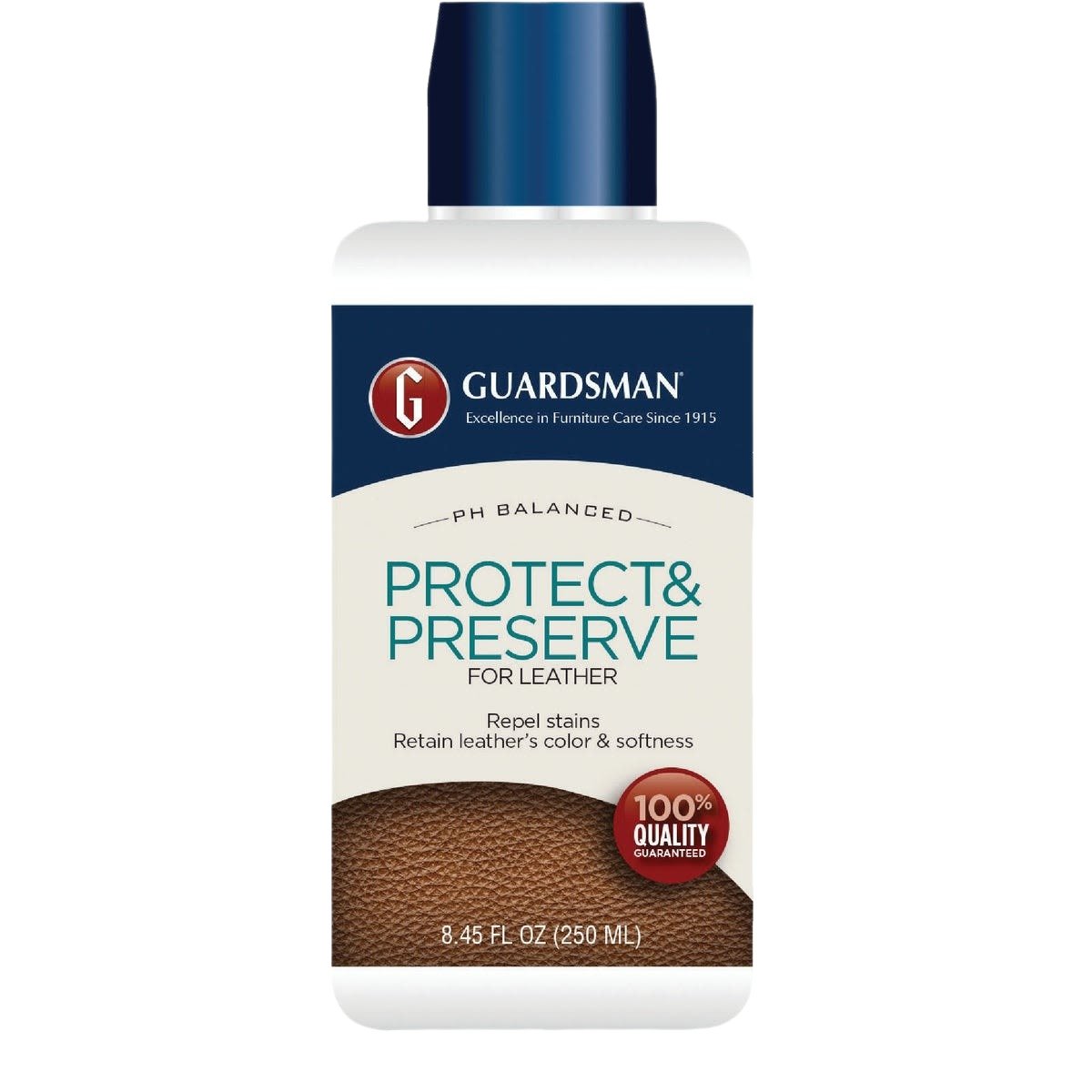 Bottle of pH balanced leather protect and preserve solution for stain repelling in floor care and home improvement collections