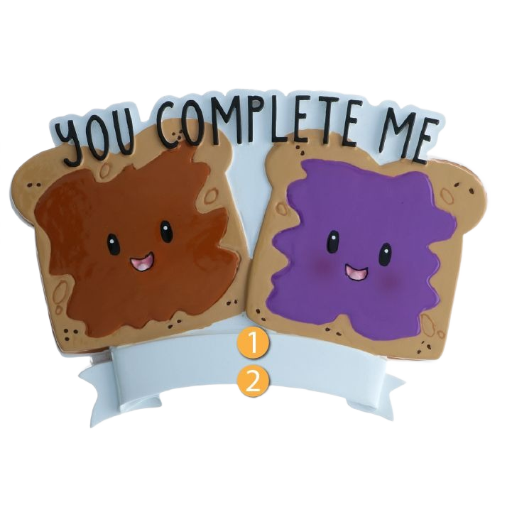 Peanut butter and jelly toast ornament with smiling faces and "You Complete Me" text for Christmas Decorations under $50 collection