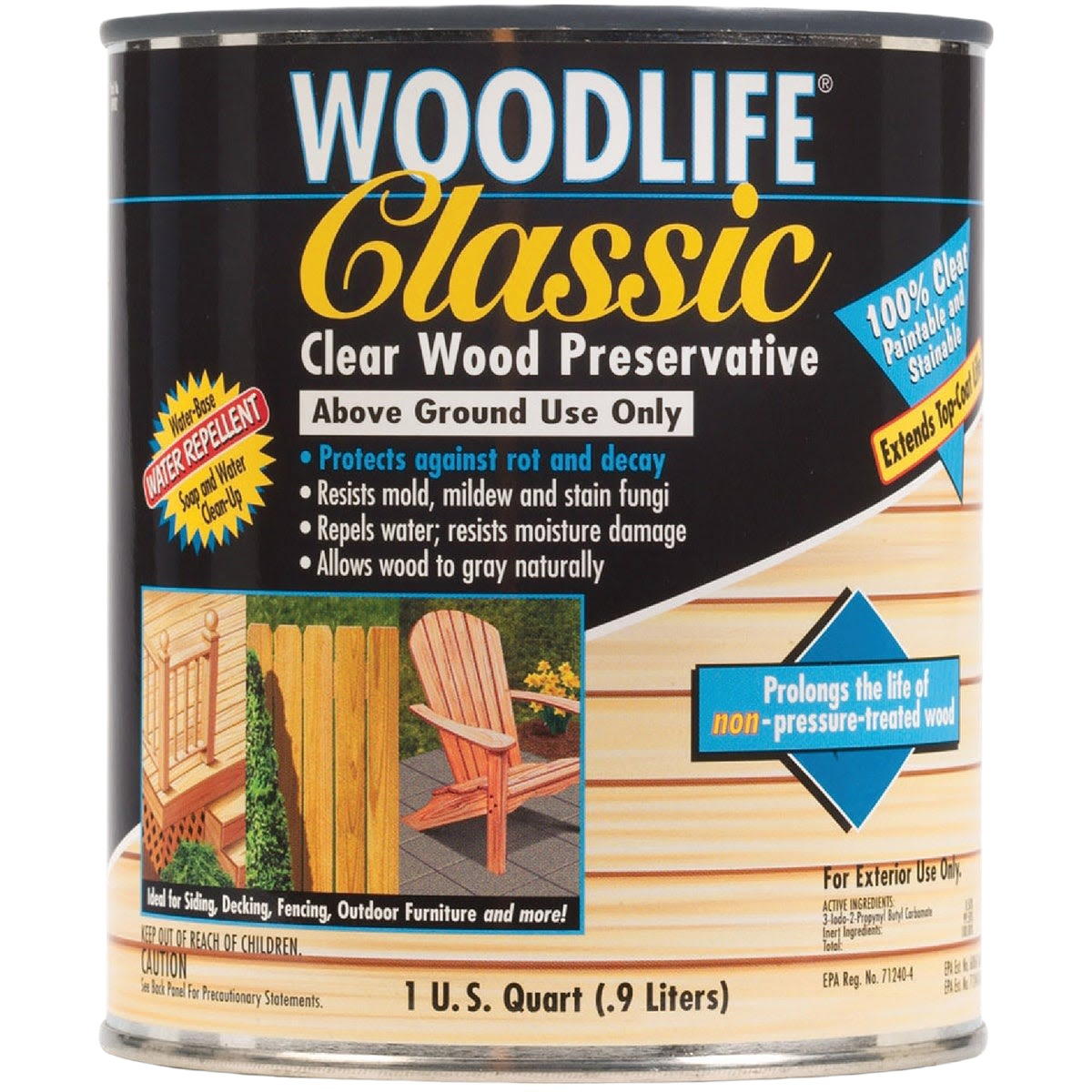 1-quart can of clear wood preservative for exterior wood protection against rot, mold, and moisture damage