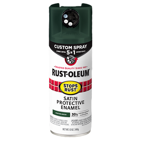 Rust-Oleum satin protective enamel spray can in Hunter Green with 5-in-1 adjustable spray pattern for home improvement