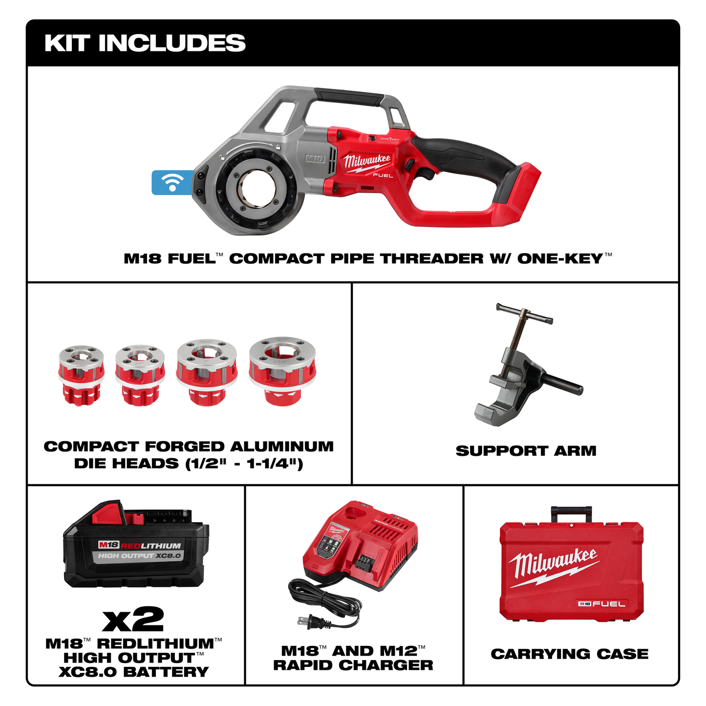 Milwaukee M18 FUEL™ Compact Pipe Threader w/ ONE-KEY™ w/ 1/2" - 1-1/4" Compact NPT Forged Aluminum Die Heads