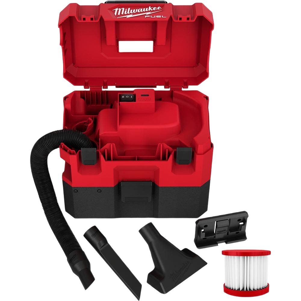 Compact red and black wet/dry vacuum with accessories for home improvement and tools cleaning tasks