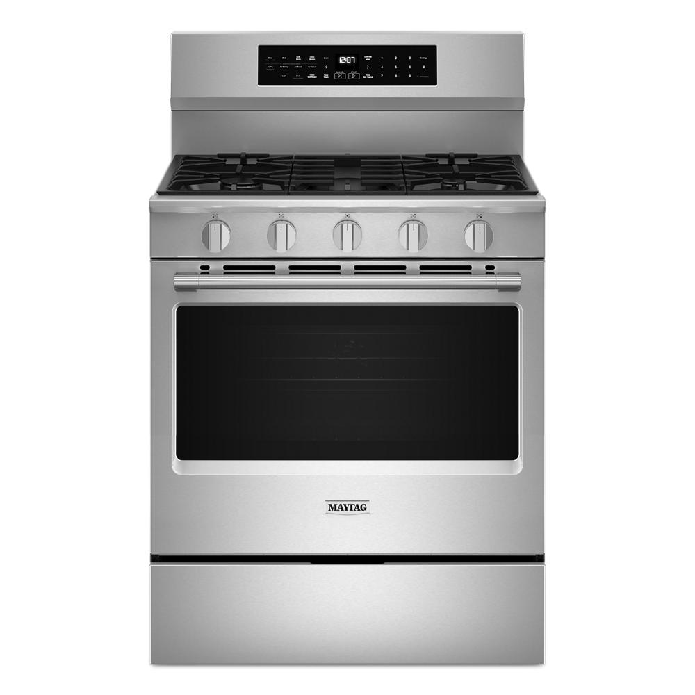 Stainless steel 30-inch gas range with five burners and a digital control panel for home cooking and grilling tasks