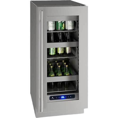 Compact stainless steel beverage refrigerator with glass door, digital temperature display, and adjustable shelves for kitchen appliances collections