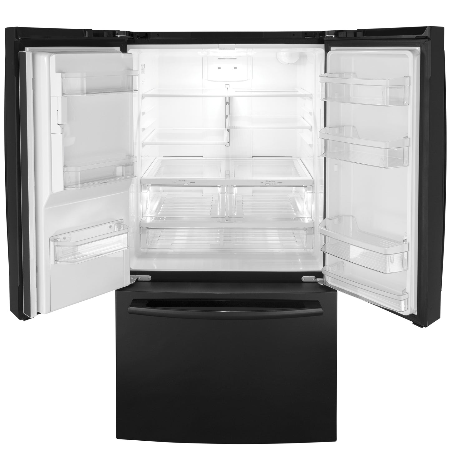 Black French-door refrigerator with open doors showing empty adjustable shelves and spacious interior from kitchen appliances collection