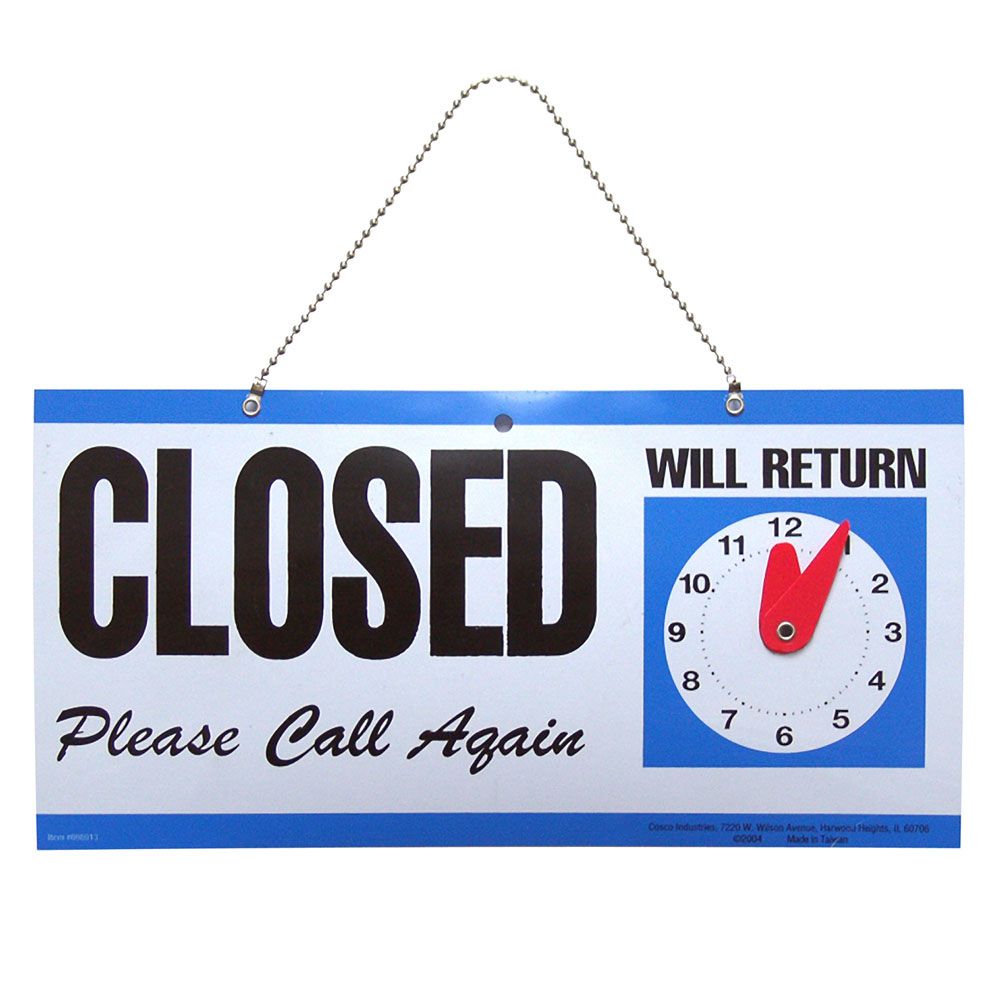 Blue, gray, and black plastic closed sign with adjustable clock, hanging chain, for home improvement and hardware use
