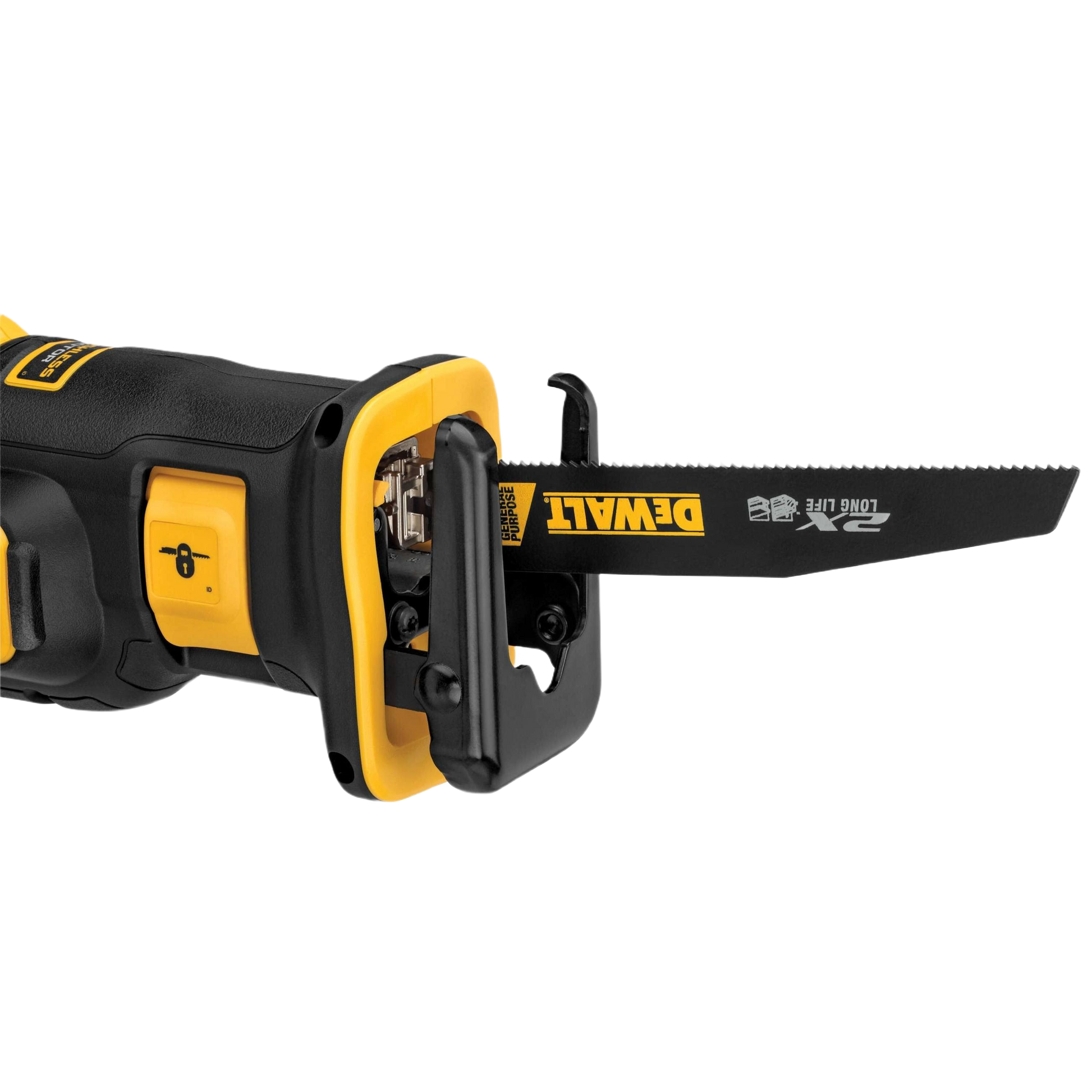 Black and yellow DEWALT cordless compact reciprocating saw with Quick-Change blade for woodworking and home improvement tasks