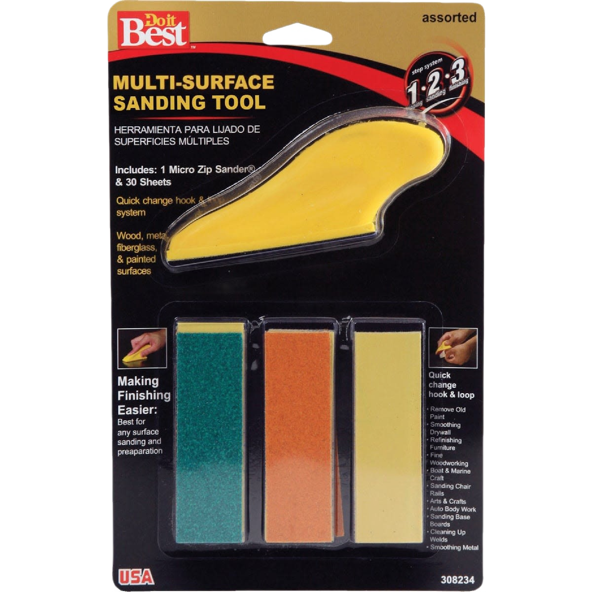 Multi-surface hand sanding tool with assorted sanding sheets for detailed finishing in tools and home improvement tasks