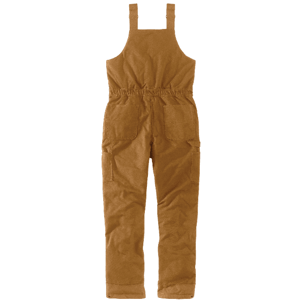 Women's brown insulated loose fit bib overalls with adjustable straps for durable outdoor and workwear use