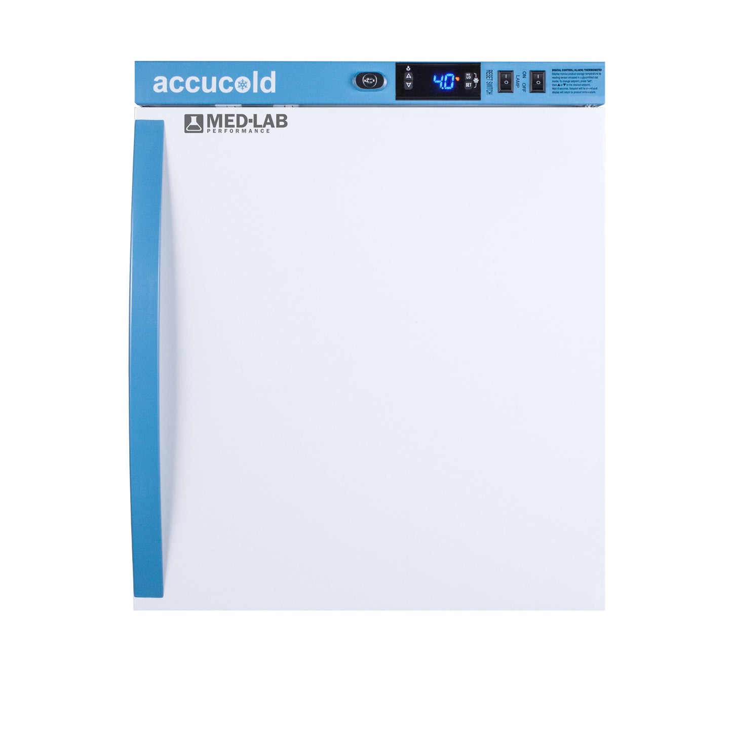 Compact white laboratory refrigerator with blue handle and digital temperature display in appliances collection