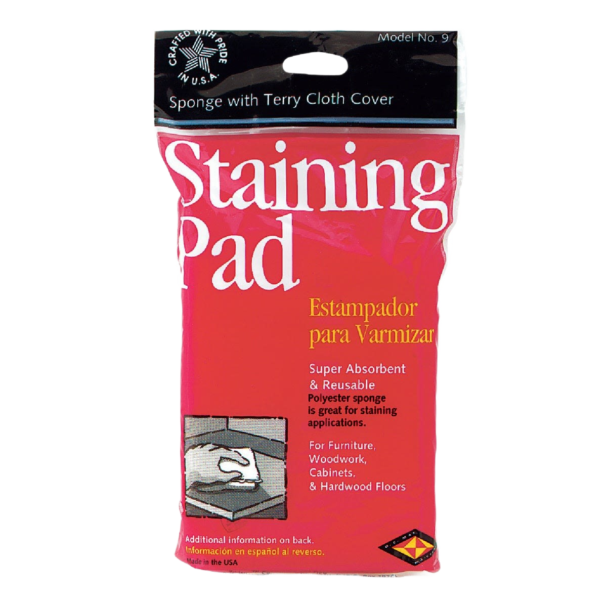 Packaging of a red staining pad with terry cloth cover for home improvement and wood staining applications
