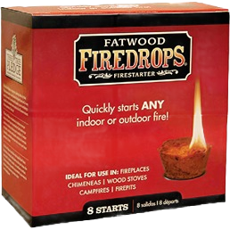 Box of natural fire starters designed for quickly igniting indoor and outdoor fires in fireplaces and wood stoves